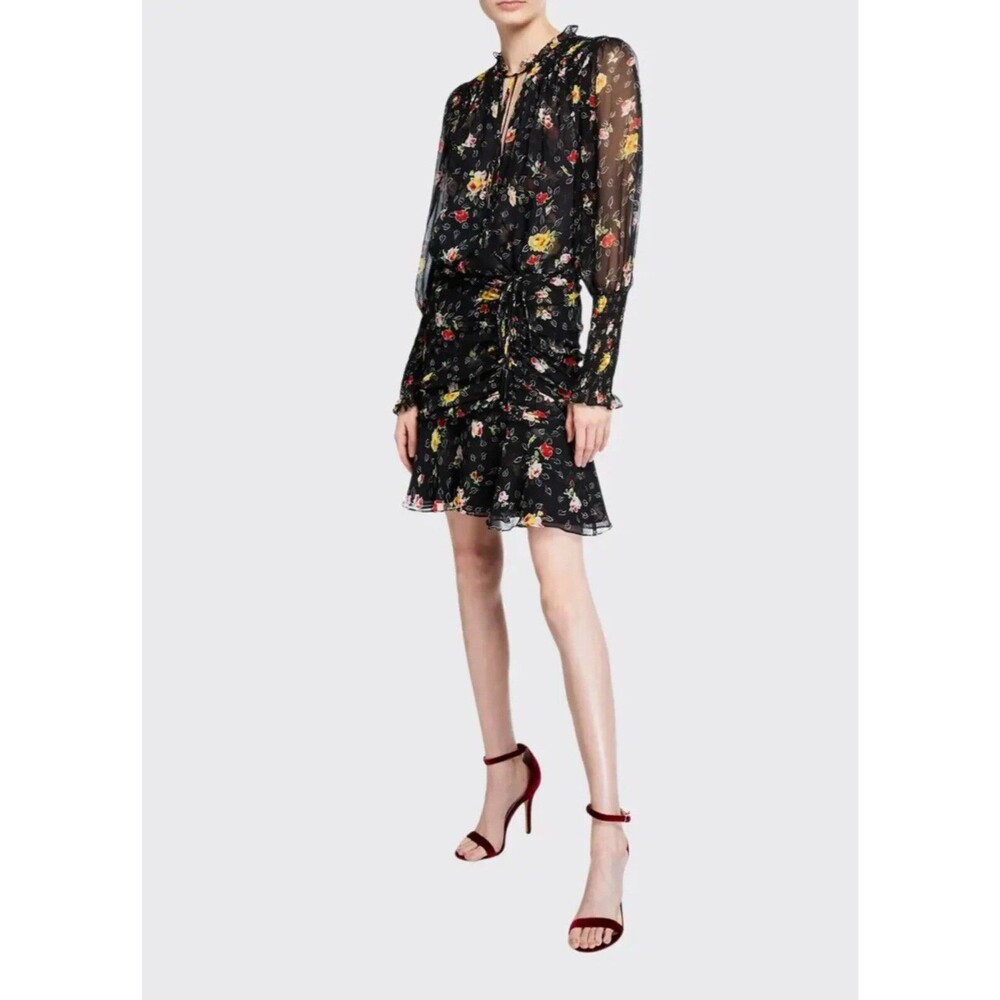 VERONICA BEARD Dark Victorian Floral Ruched Smocked Silk Mini Dress Size 0